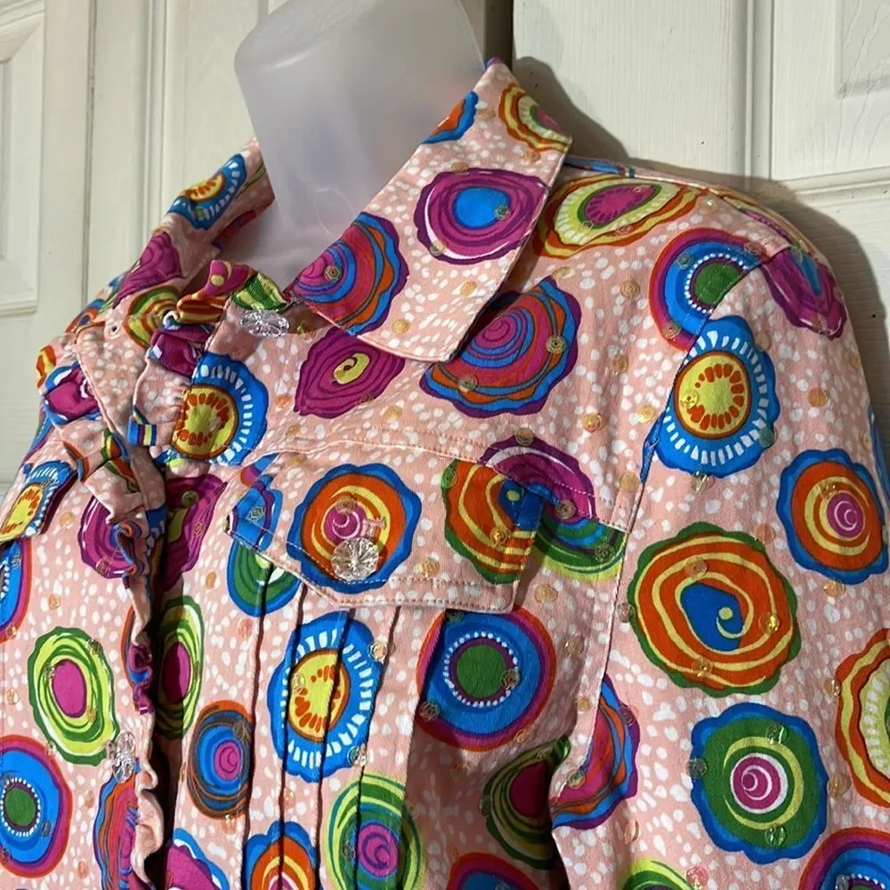 Redd Jeans Vibrant Sequin Pink Denim Jacket Large Circle Pattern 10 - Picture 10 of 16
